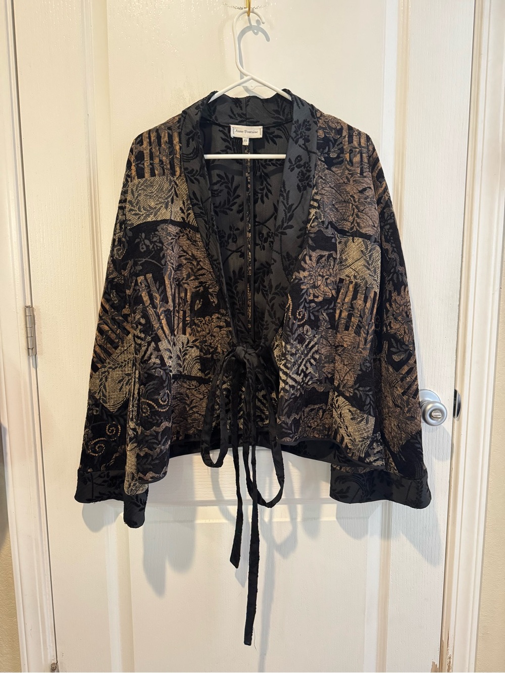 VINTAGE Anne Fontaine Black Jacket with Tie Closure & Subtle Pattern